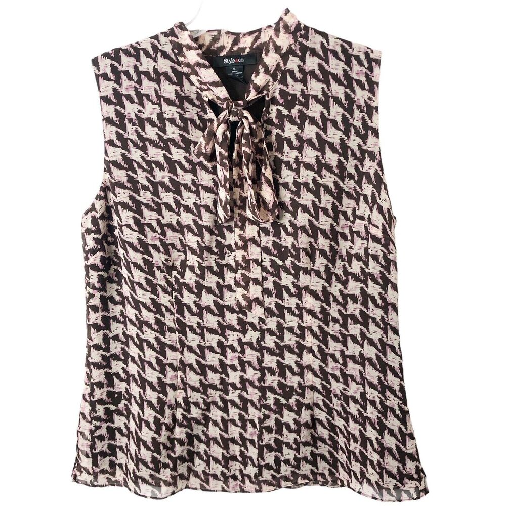 Style & Co. Women's Brown Patterned Sleeveless Lined Blouse Tie Neck Size 14